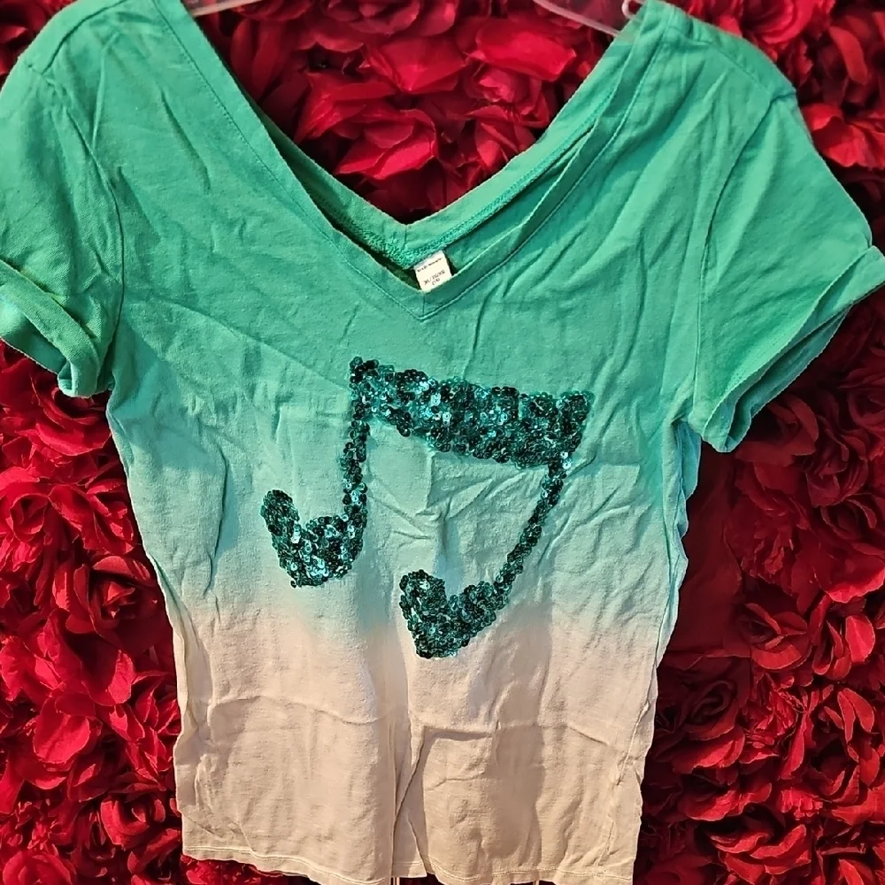 Old Navy Girls Teal / White Sequin Music Note Ombre Tshirt Size Xlarge (14)